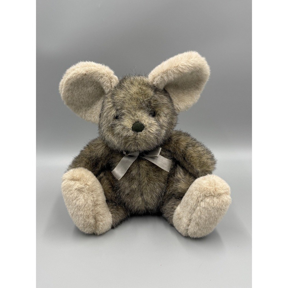 1992 A&A Plush Mouse Stuffed Animal Brown Large Ears Grey Ribbon 11" Aurora